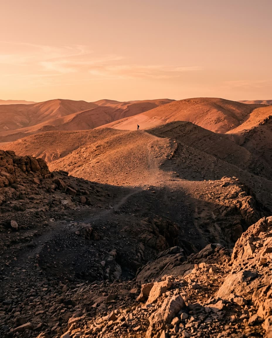 Silhouette d’un marcheur sur une crête de gravier au coucher du soleil, dans un désert de pierres.