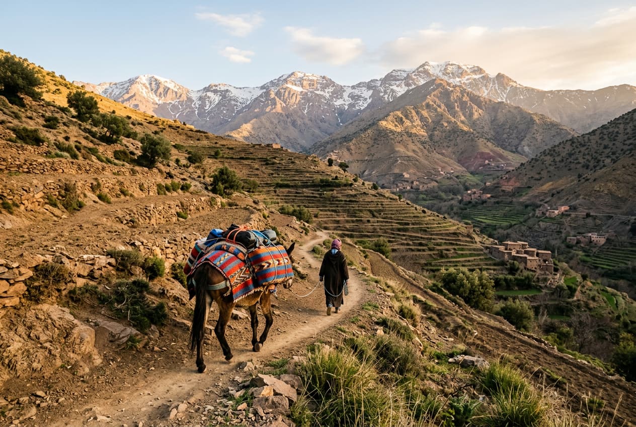 Mulet chargé d’une couverture tissée sur un sentier de montagne, avec des terrasses et des sommets au loin.