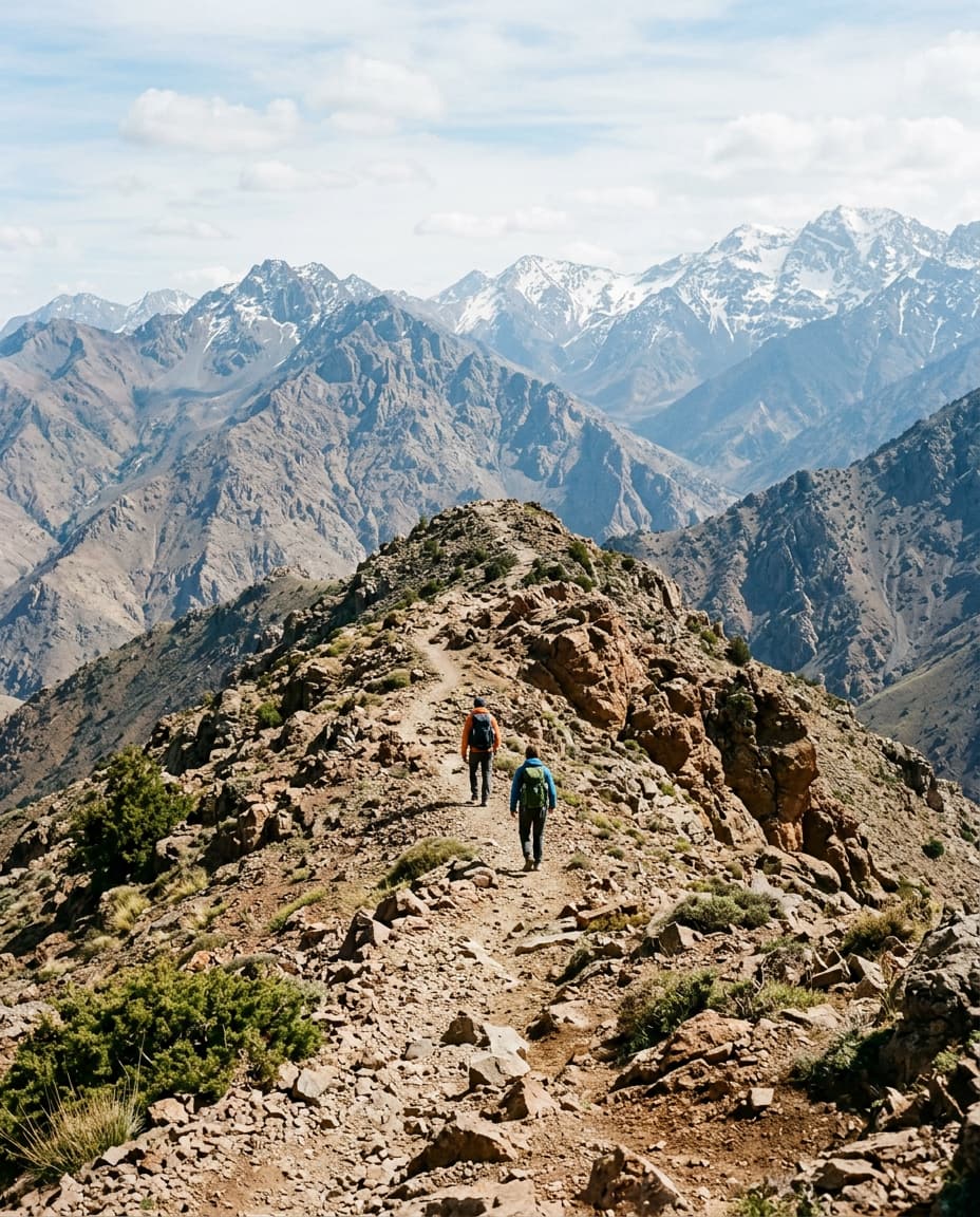 Deux randonneurs de dos sur un sentier de crête, face à une chaîne de montagnes enneigées.
