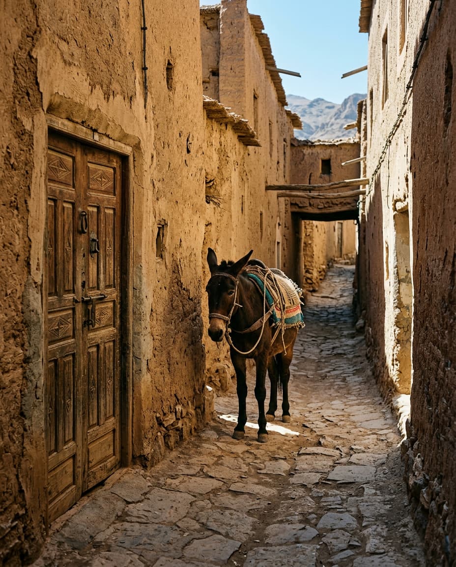 Ruelle entre des murs en terre, avec une porte en bois et un mulet au repos.