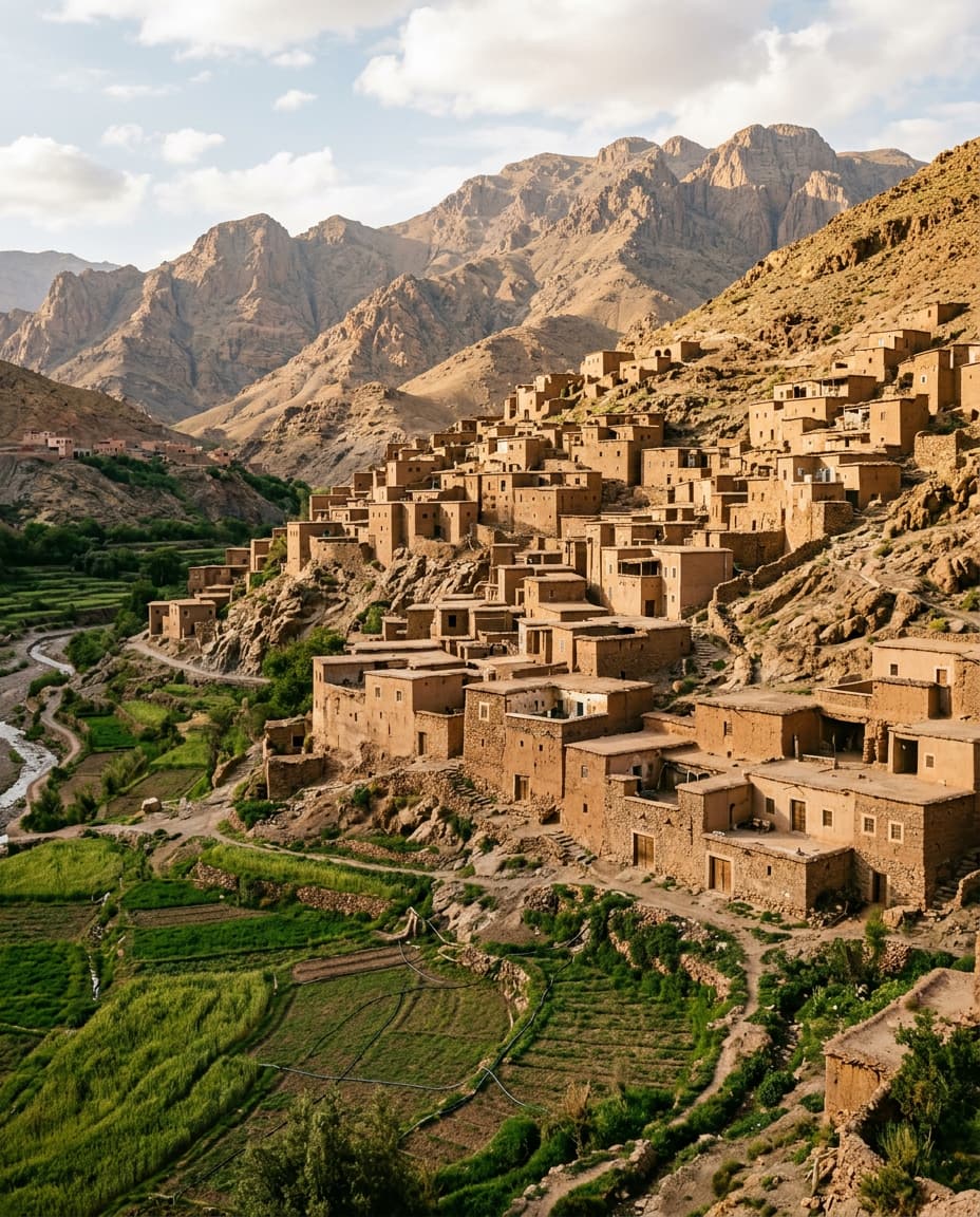 Village de maisons en terre ocre accroché à un versant, avec des terrasses cultivées en contrebas.
