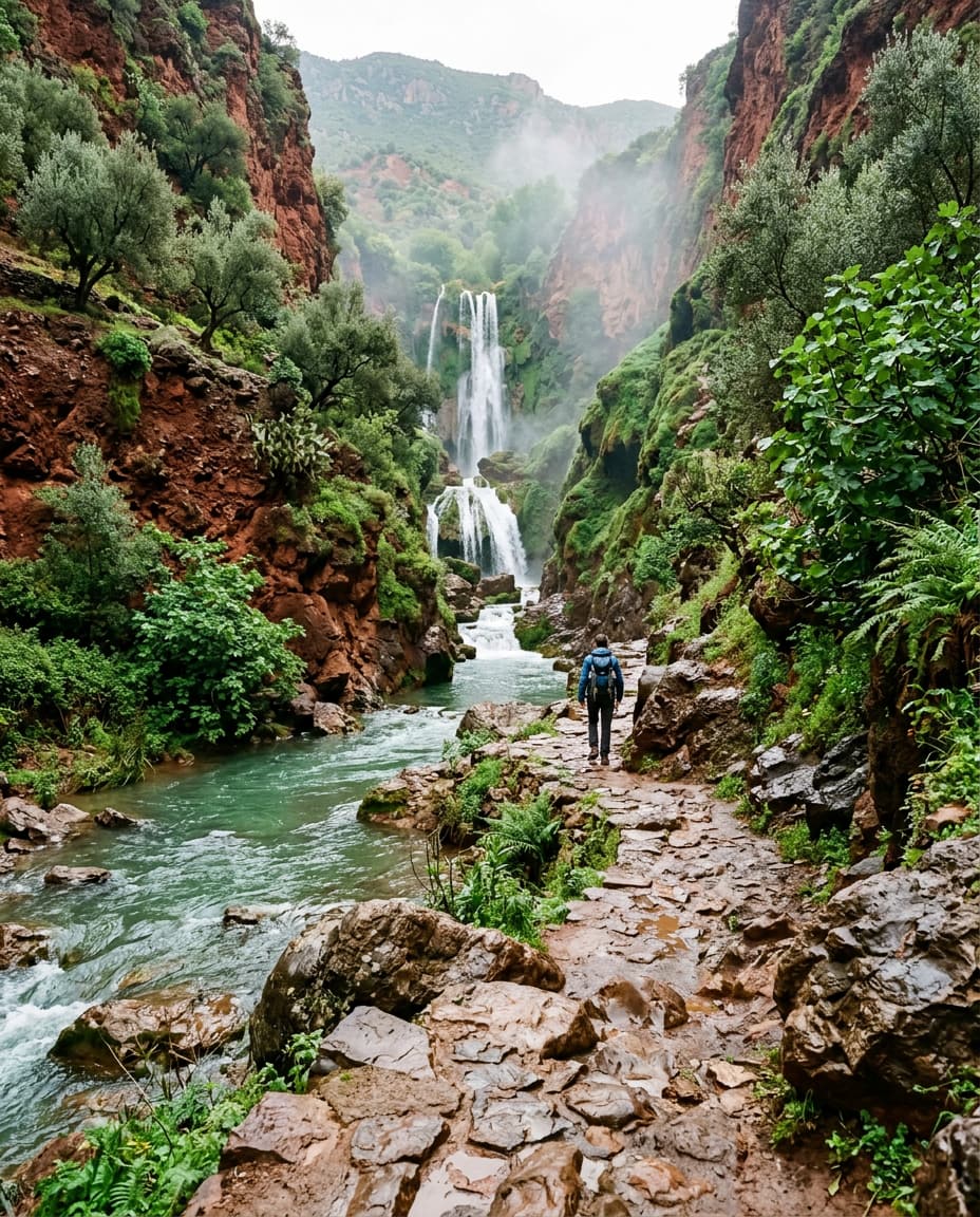 Sentier rocheux au bord d’une rivière, au pied d’une cascade, dans une gorge verdoyante aux parois rouges.