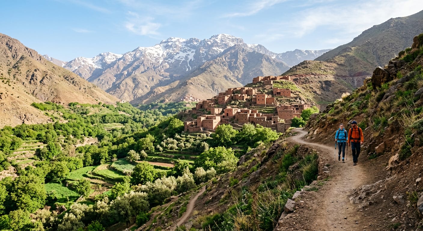 Randonneurs sur un sentier de montagne, face à un village berbère en terre et aux sommets enneigés.