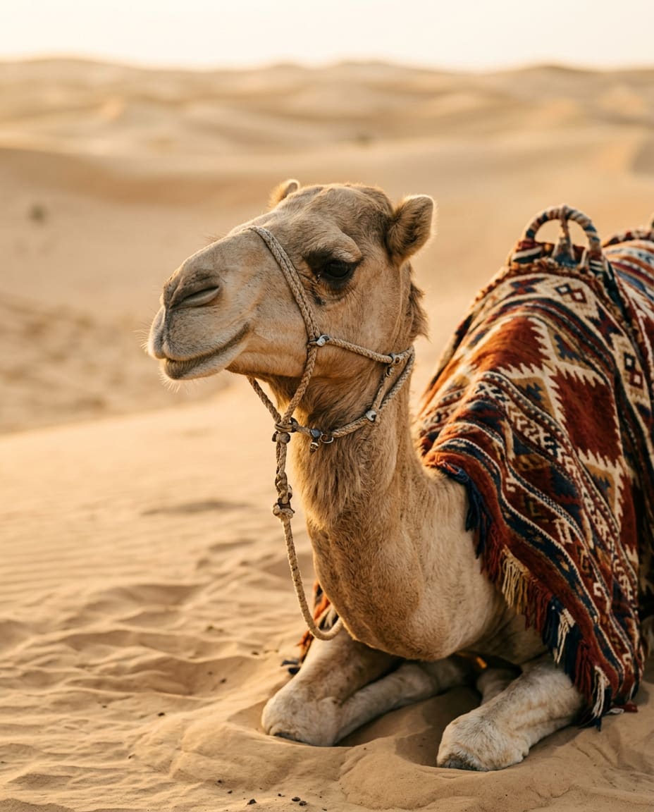 Portrait d’un dromadaire au repos sur le sable, une couverture tissée rouge et ocre sur le dos.
