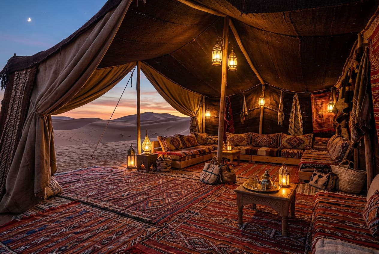 Intérieur d’une tente de camp : tapis tissés, coussins bas et lanternes, avec les dunes visibles à l’entrée.