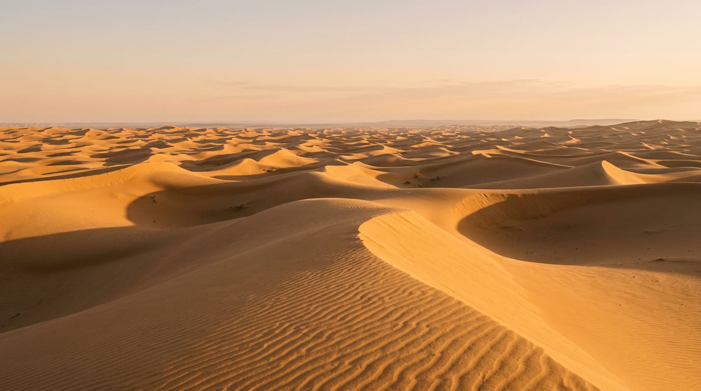 Dunes dorées à perte de vue, rides de sable éclairées par la lumière rasante du matin.