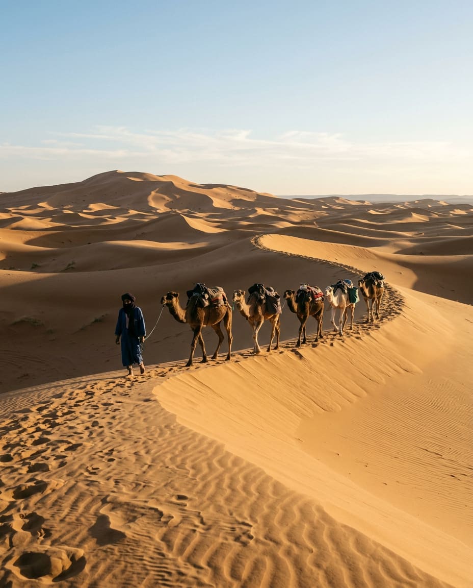 Caravane de dromadaires conduite à pied le long d’une crête de dune, en fin de journée.