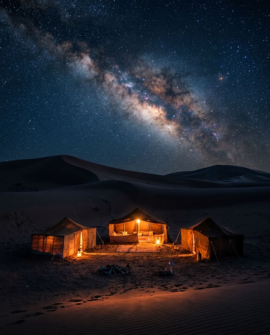 Tentes éclairées par des lanternes entre les dunes, sous la Voie lactée.